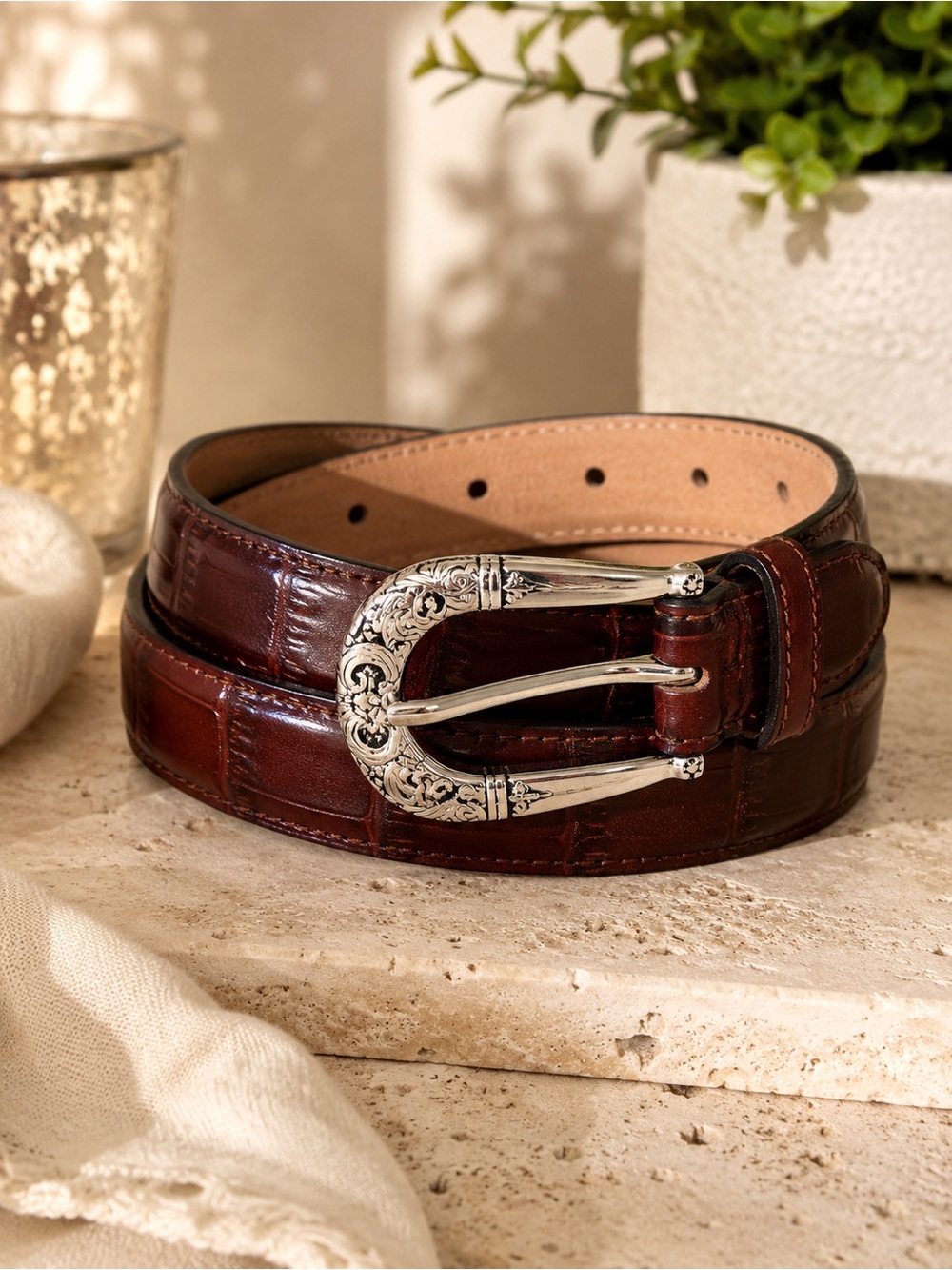 Brighton Brown Croc Embossed Leather Belt Ornate Silver Buckle 41807 Size M 30